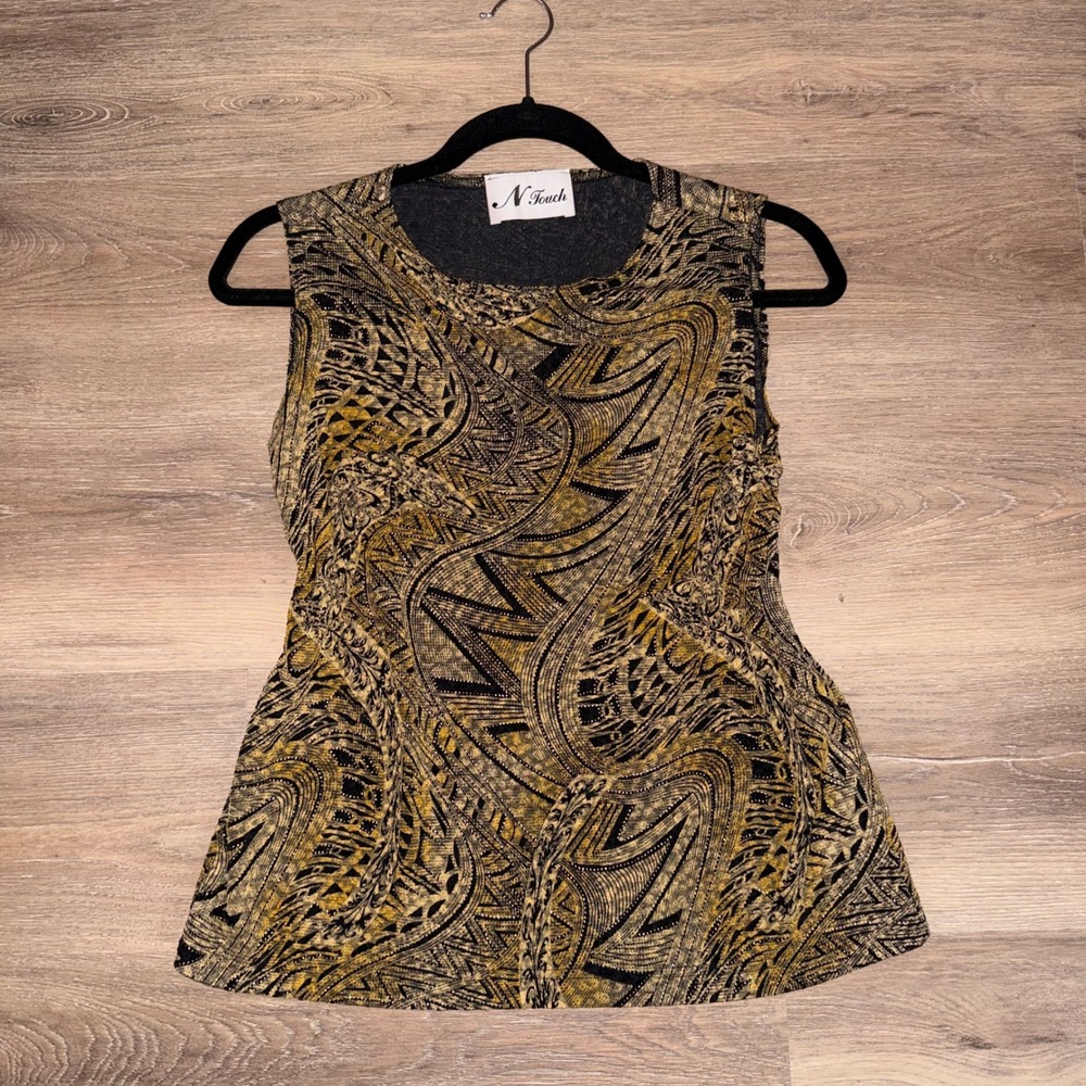 N Touch Sleeveless Tank Top Abstract Print Stretch Knit Brown Gold Large Y2k